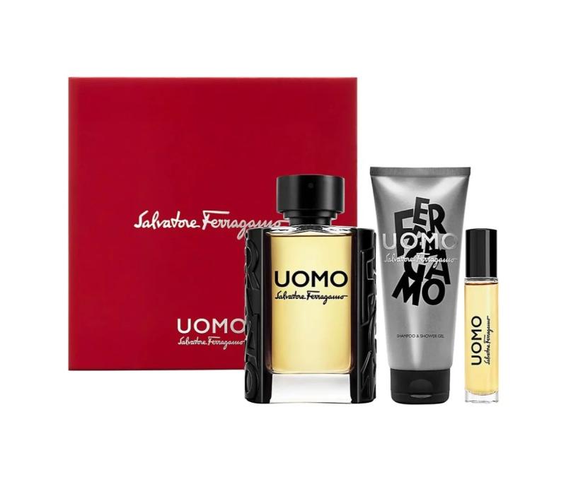 SETFARU1M.com-webp-to-jpg-converter.jpg Uomo BY SALVATORE FERRAGAMO 3 PCS. SET: 3.4oz edt sp3.4oz Shampoo and Shower Gel3.4oz After Shave FOR MEN - Image 1