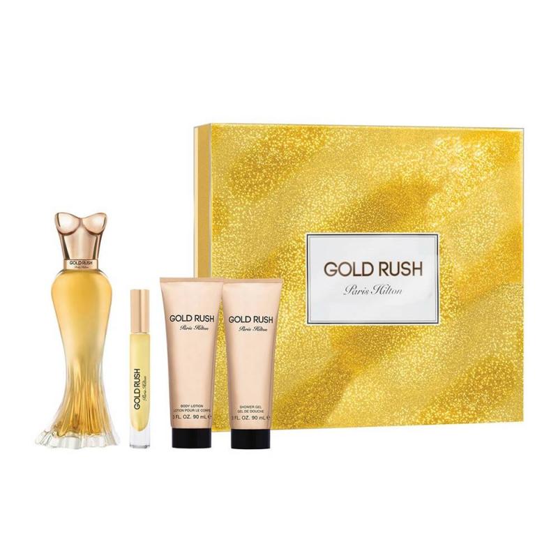 SETPHILgr2W.jpg PARIS HILTON Gold Rush BY PARIS HILTON 4 PCS. GIFT SET: 3.4 FL. OZ. EDP 6ML EDP 90ML BODY LOTION 90ML GEL FOR WOMEN - Image 1