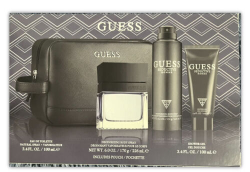 setguesbb3m.jpg GUESS SEDUCTIVE HOMME 4PC gift SET: 3.4oz EDT 6.0oz body SPRAY 3.4oz shower gel & POUCH FOR Men - Image 1