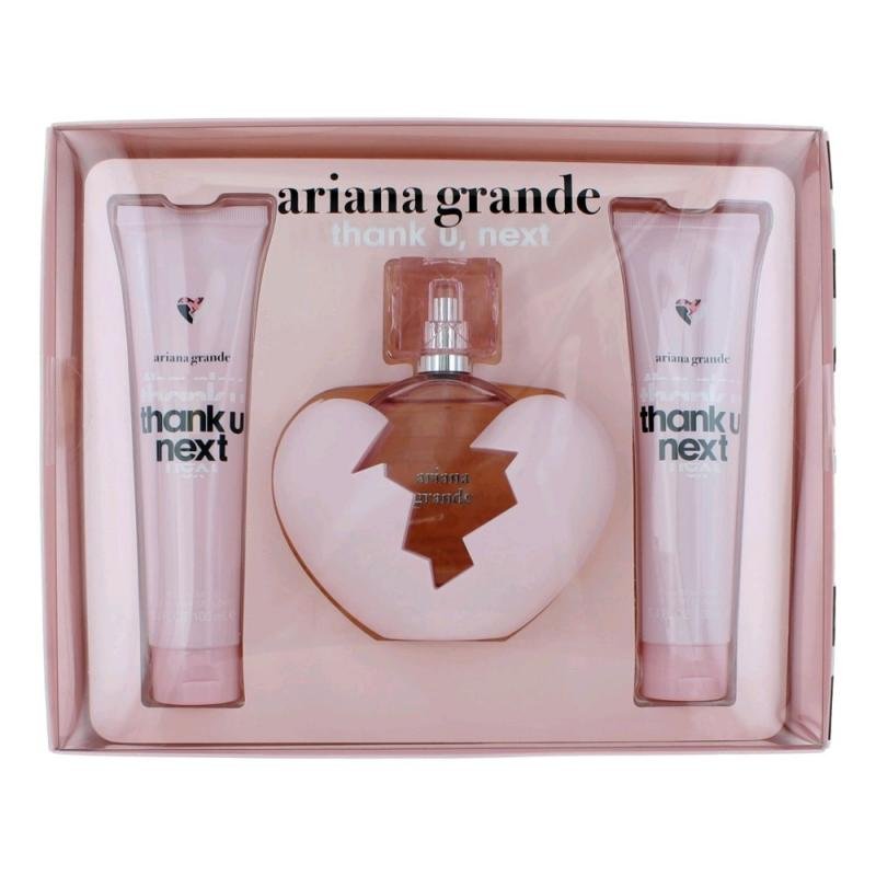 setagratu3w.jpeg ARIANA GRANDE THANK YOU NEXT 3 pcs.gift set: )3PC SET(3.4oz edp sp3.4oz body souffle3.4oz shower gel FOR WOMEN - Image 1