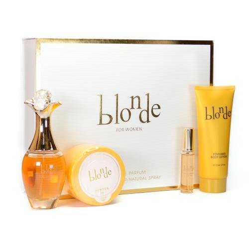 setblon4w.jpg BLONDE 4 PCS. GIFT SET: 3.3 FL.OZ. EDP SPRAY 4.0 FL.OZ. BODY LOTION 1.7 FL.OZ. POWDER AND .5 FL.OZ. EDP SPRAY FOR WOMEN - Image 1