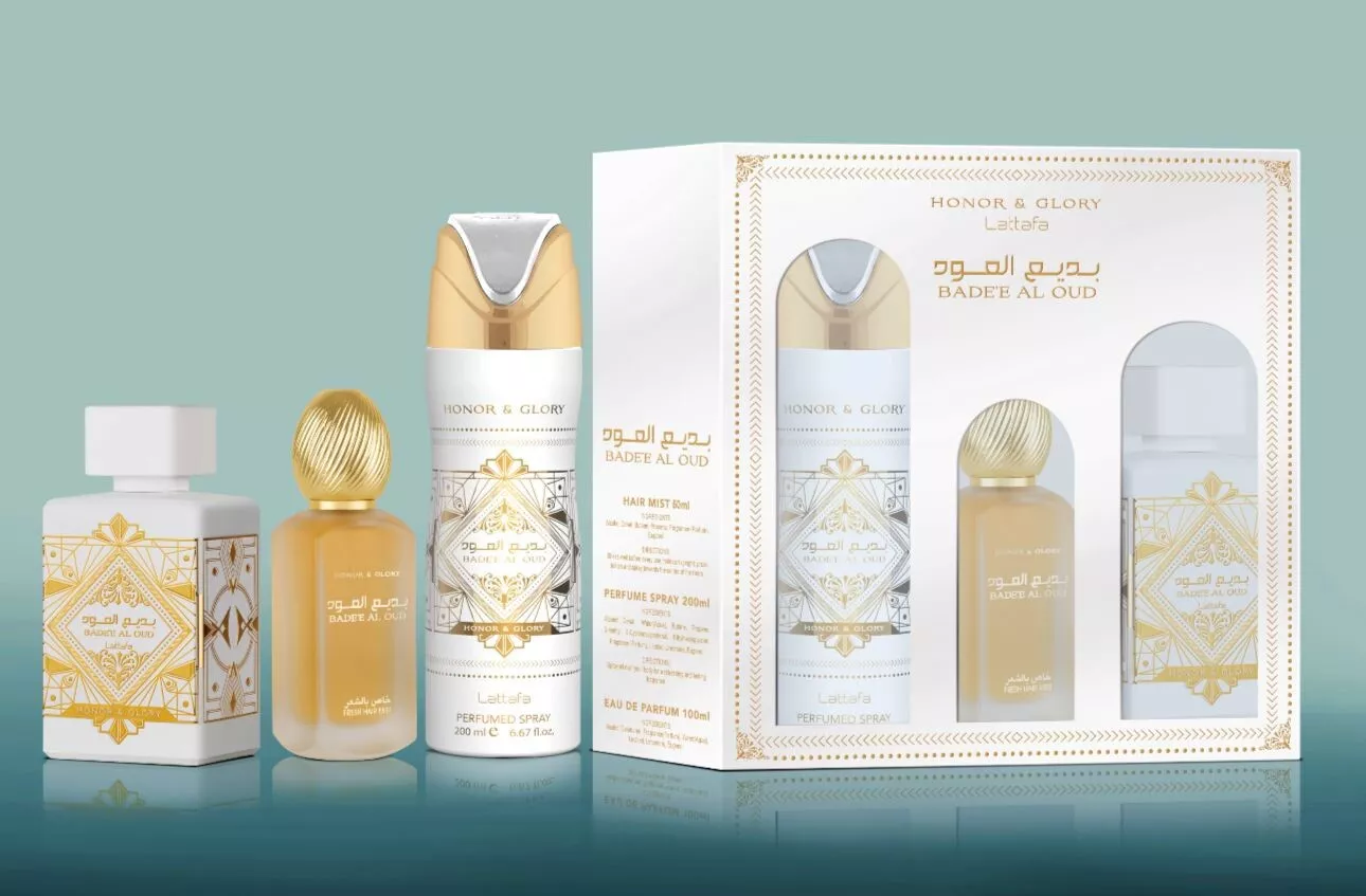 SsetLATOFGH3mP LATTAFA AL OUD HONOR & GLORY 3 PC SET: 3.4 EDP SPRAY + 6.8 DEO SPRAY + HAIR MIST for MEN - Image 1